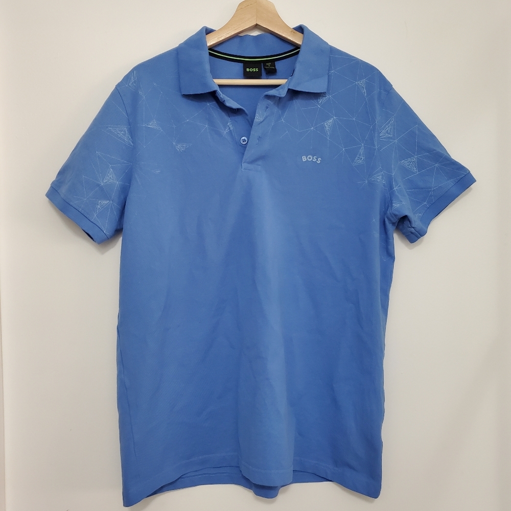 Hugo Boss XL Polo Paule Shirt Blue Collar Tee Textured Thick Cotton Bright Top